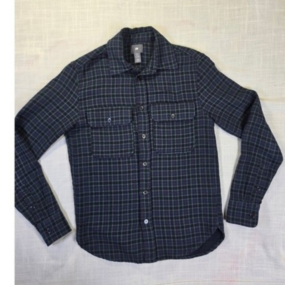 HM Mens XS Flannel Shirt Navy Blue Green Plaid Long Sleeve Button Down Pockets